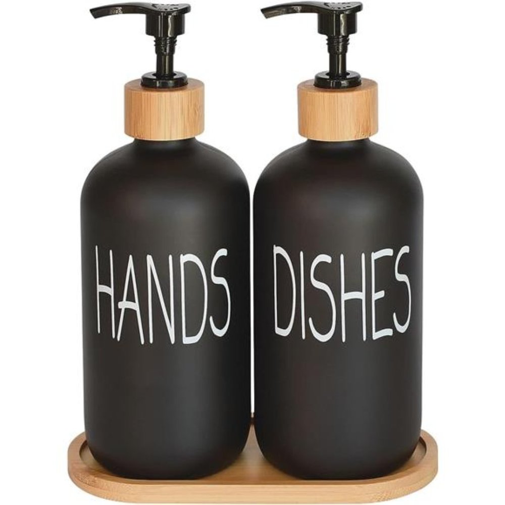Glass Soap Dispenser Set.Hand and Dish with Bamboo Tray.Vintage Pump for Kitchen